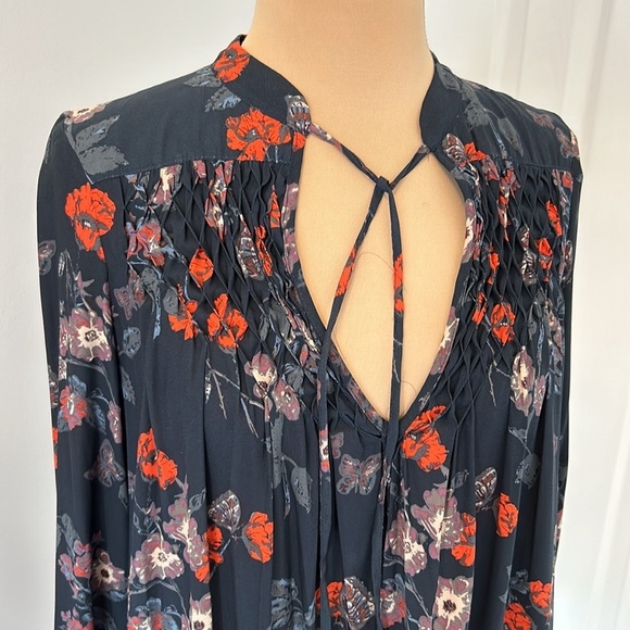 Free People Navy Floral Georgette Smocked Tunic - Picture 6 of 11